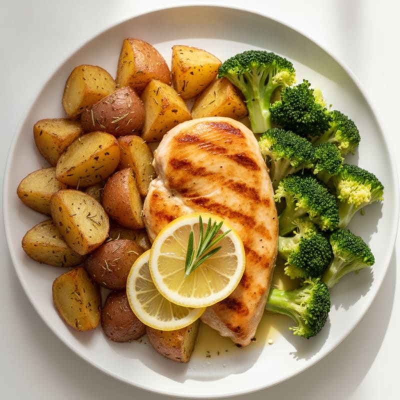 Seared Chicken Breast with Herb-Roasted Potatoes and Steamed Broccoli