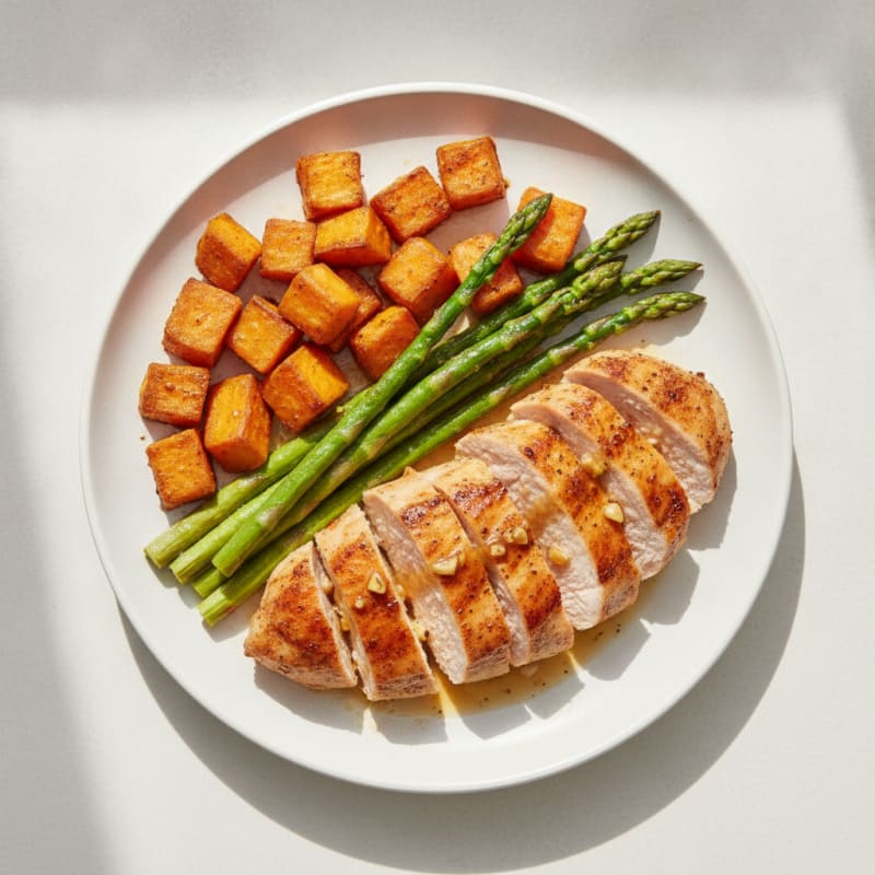 Seared Turkey Breast with Roasted Sweet Potato and Asparagus