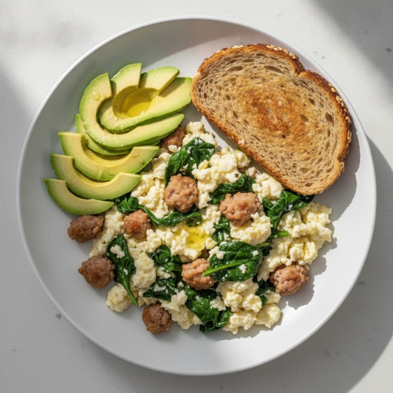Egg White Spinach Scramble with Turkey Sausage