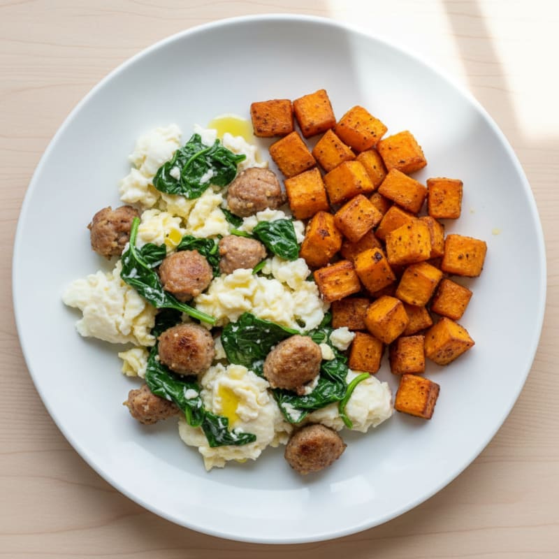 Egg White and Turkey Sausage Scramble with Roasted Sweet Potatoes