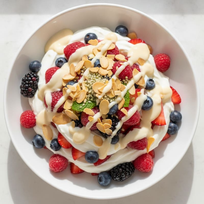 Creamy Greek Yogurt Parfait with Mixed Berries and Vanilla Protein Sauce
