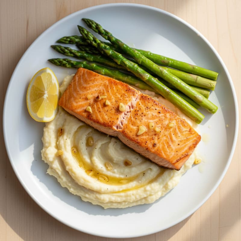 Seared Salmon with Steamed Asparagus and Cauliflower Mash