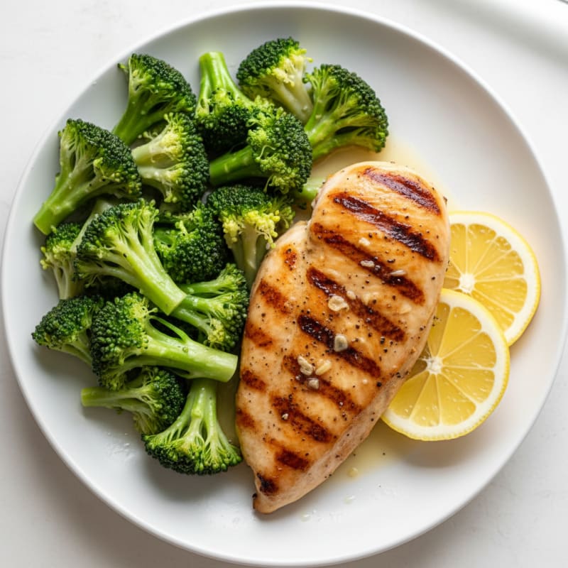 Grilled Chicken Breast with Steamed Broccoli and Lemon