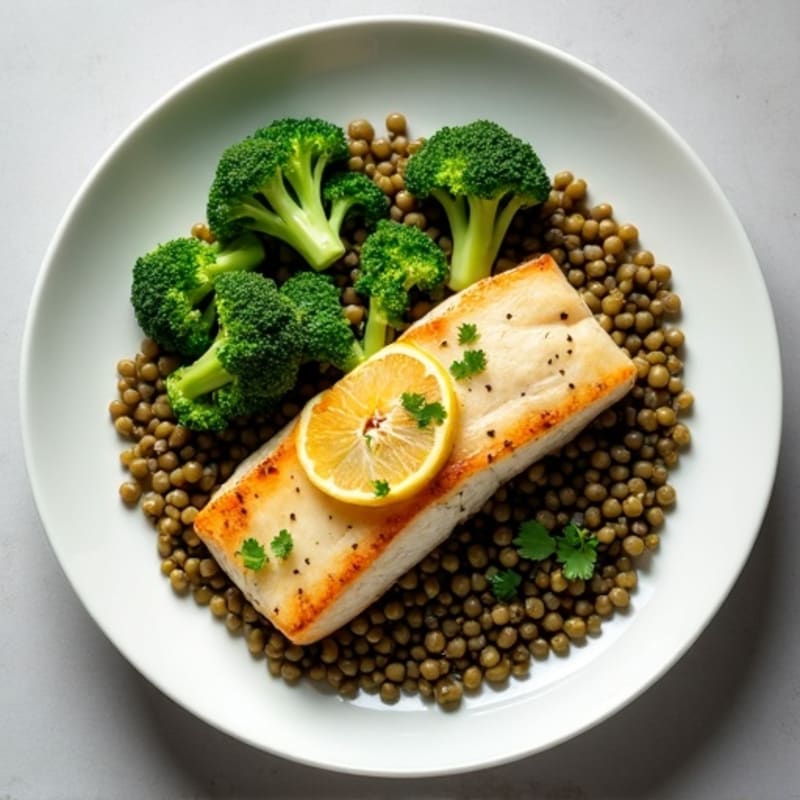 Seared White Fish with Steamed Broccoli and Herbed Lentils