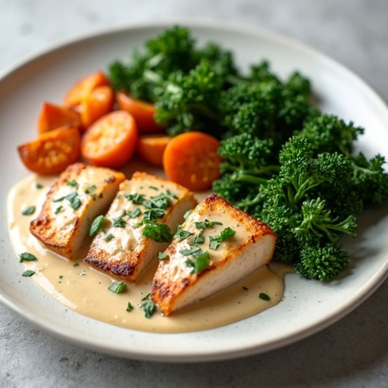 Creamy Cashew Chicken with Roasted Sweet Potatoes and Crispy Greens