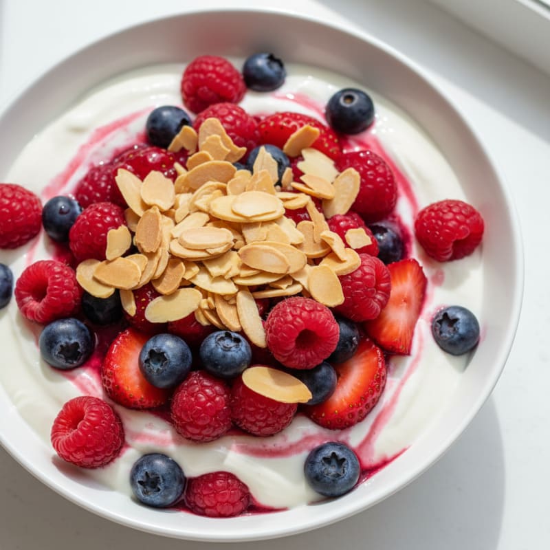 Greek Yogurt Protein Parfait with Mixed Berries and Almonds