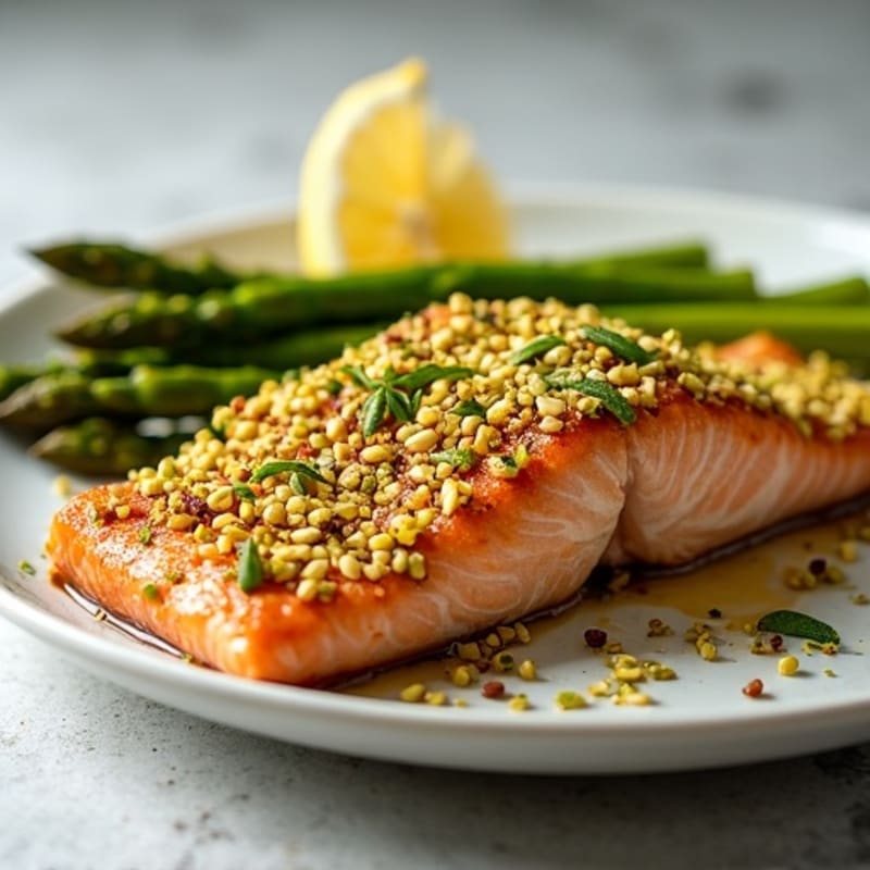Pistachio-Crusted Baked Salmon with Roasted Asparagus and Lemon