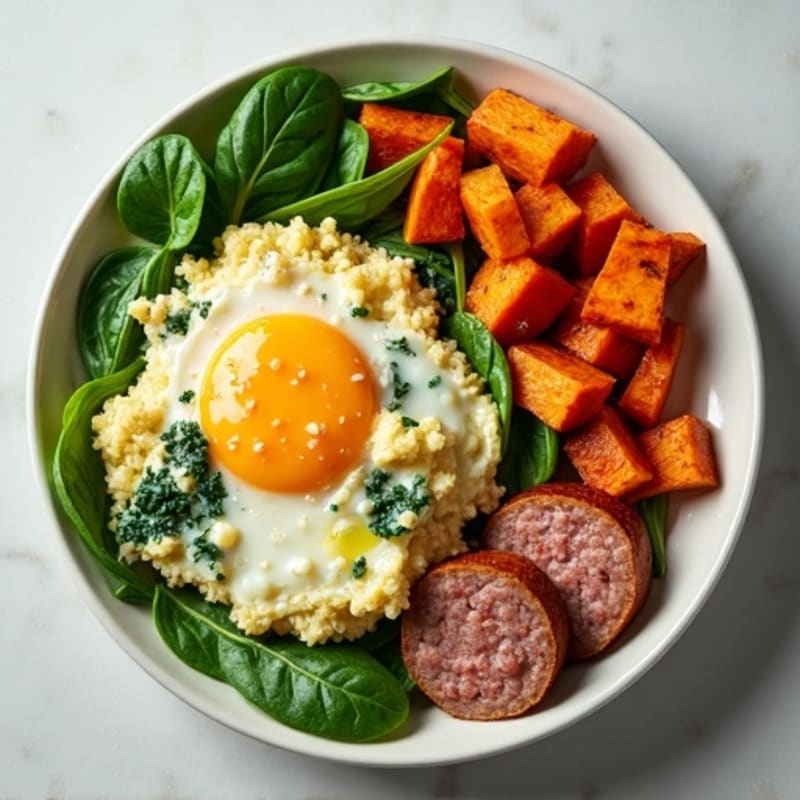 Egg White Spinach Scramble with Turkey Sausage and Roasted Sweet Potatoes
