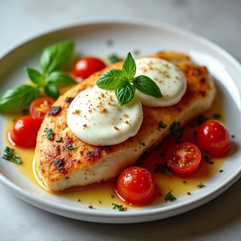 Chicken with Roasted Tomatoes, Fresh Basil, and Melty Mozzarella
