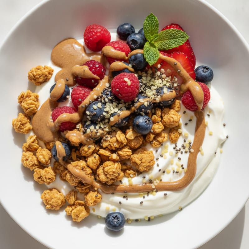 Creamy Greek Yogurt Bowl with Protein Granola and Mixed Berries