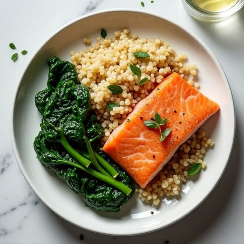 Seared Salmon Fillet with Quinoa and Garlic Sautéed Spinach