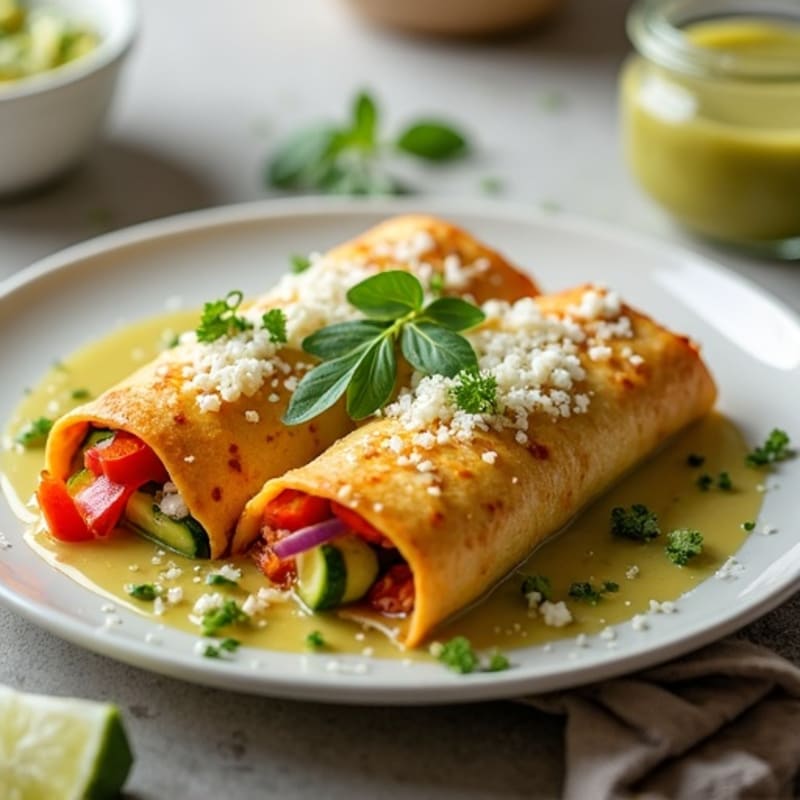 Baked Chicken and Vegetable Enchiladas with Tangy Green Chili Sauce