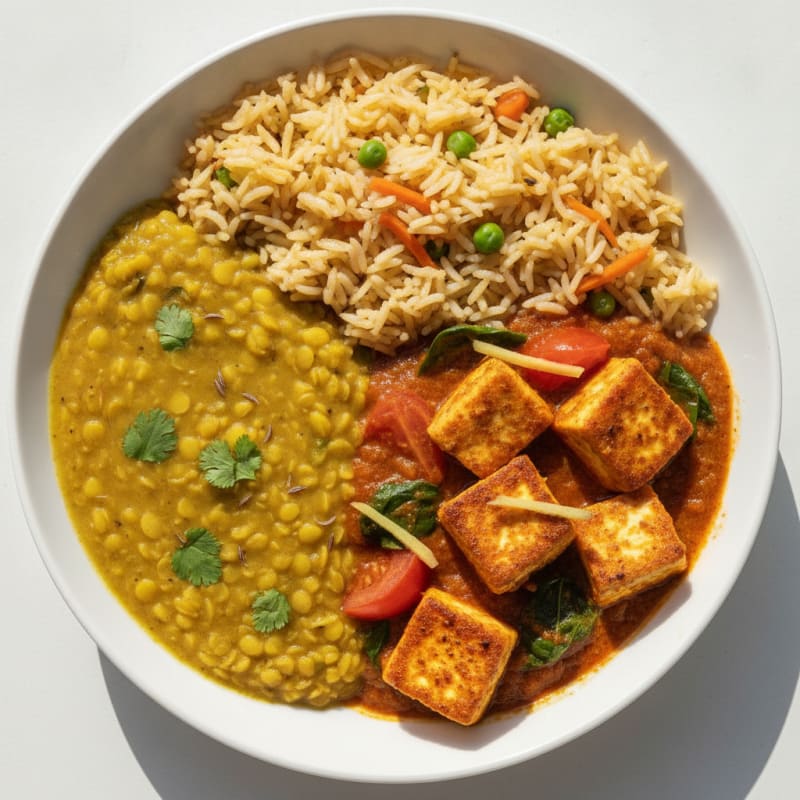 Moong Dal and Paneer Curry with Vegetable Rice