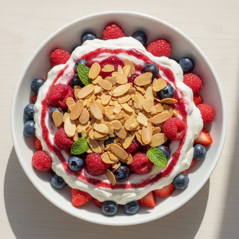 Greek Yogurt Protein Parfait with Mixed Berries and Almonds