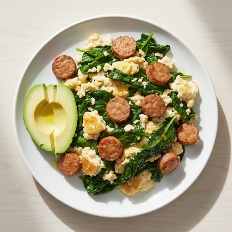Egg White Scramble with Turkey Sausage and Sautéed Spinach