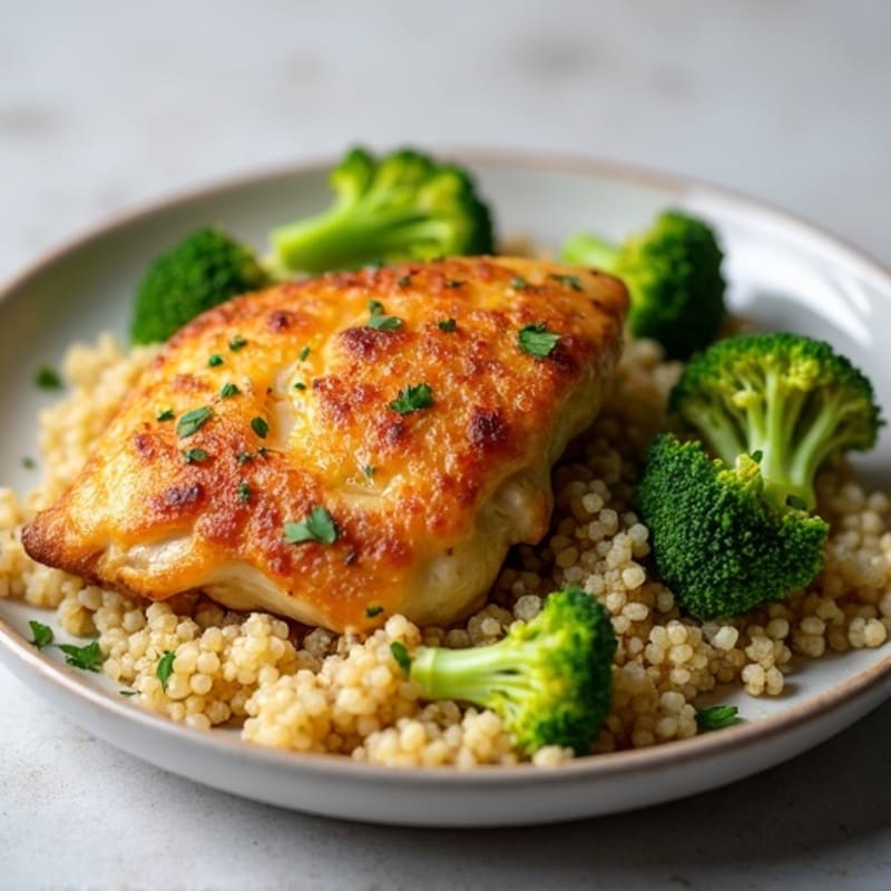 Crispy Lemon-Garlic Chicken Thighs with Roasted Broccoli and Fluffy Quinoa