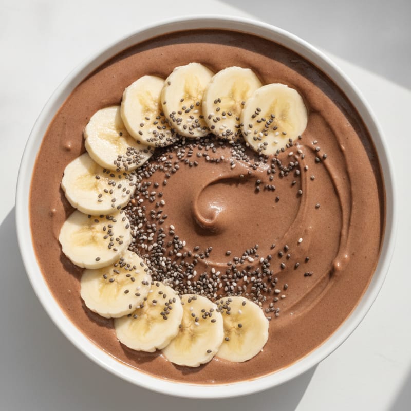 Chocolate Protein Smoothie Bowl with Sliced Banana and Chia Seeds