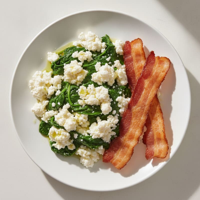 Egg White Spinach Scramble with Cottage Cheese and Turkey Bacon