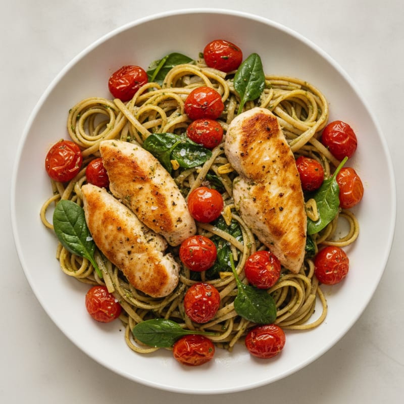 Pesto Chicken Linguine with Blistered Tomatoes