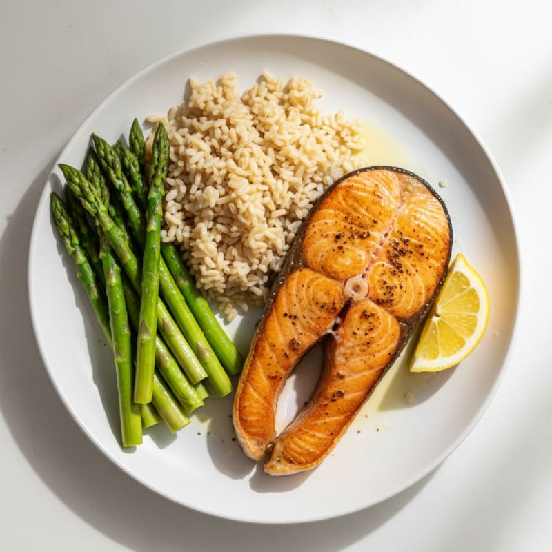 Seared Salmon with Steamed Asparagus and Brown Rice