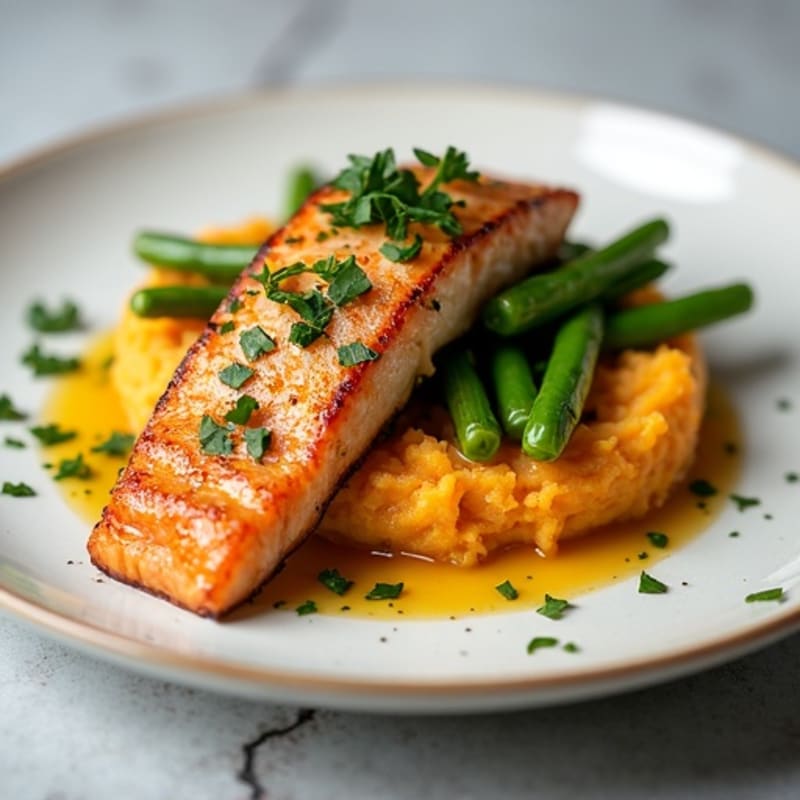 Seared Salmon with Garlic Green Beans and Sweet Potato Mash