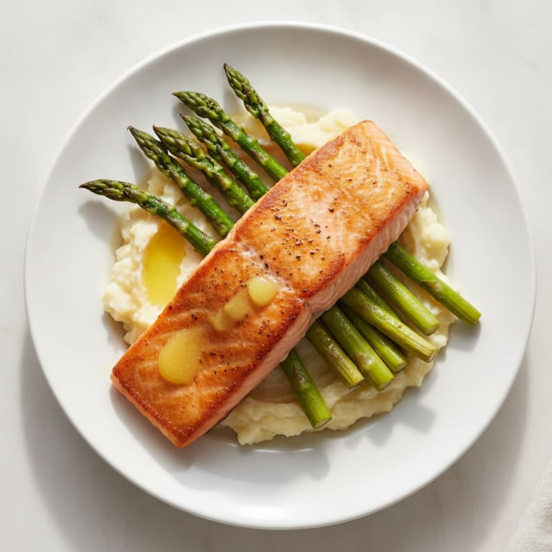 Seared Salmon Fillet with Roasted Asparagus and Cauliflower Mash
