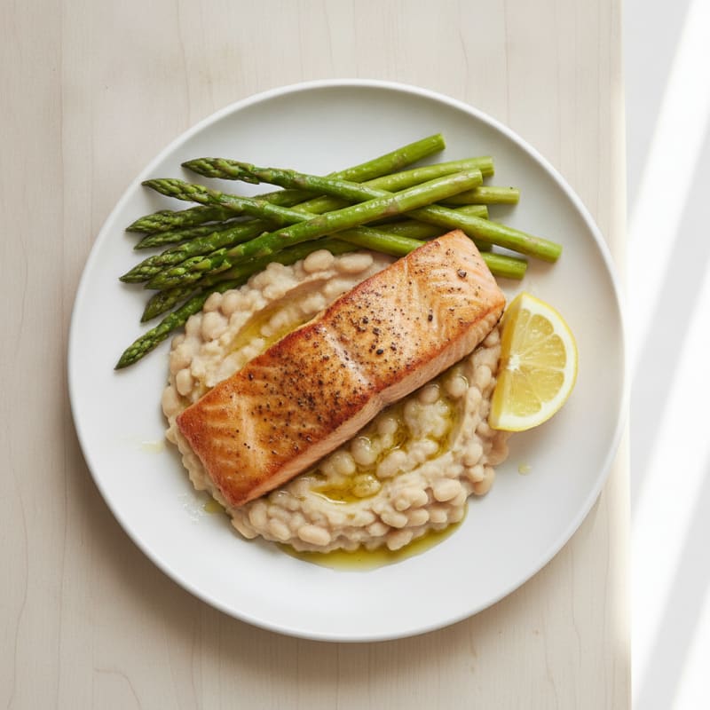 Seared Salmon Fillet with Creamy White Bean Mash and Steamed Asparagus