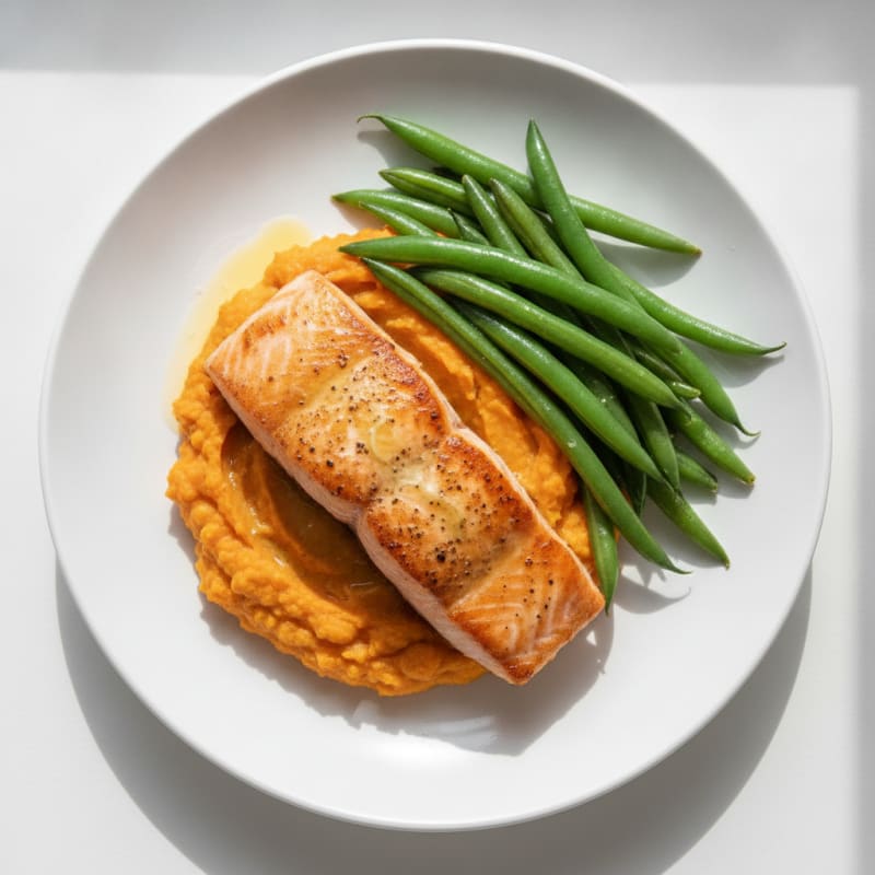 Seared Salmon with Steamed Green Beans and Sweet Potato Mash