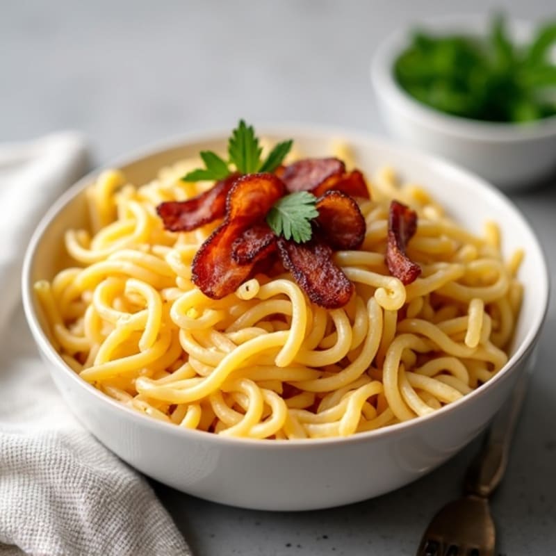 Whole Wheat Pasta with Creamy Egg Sauce and Crispy Turkey Bacon