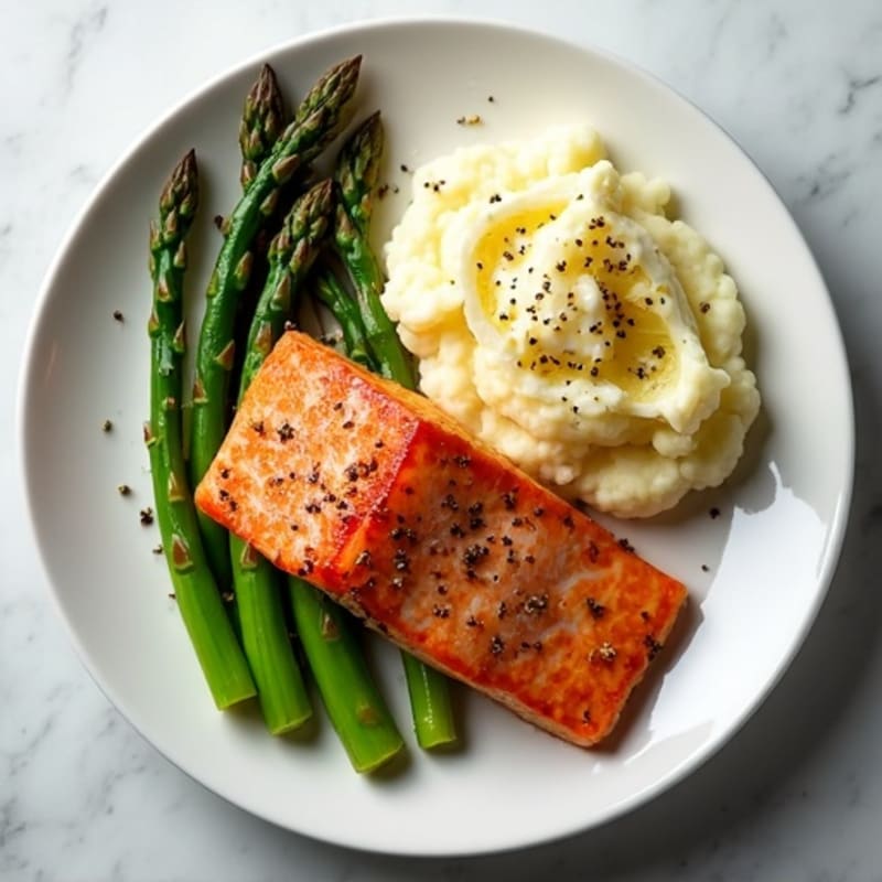 Seared Salmon Fillet with Roasted Asparagus and Cauliflower Mash