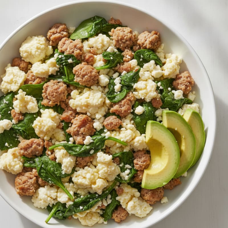 Egg White and Turkey Sausage Scramble with Spinach and Feta