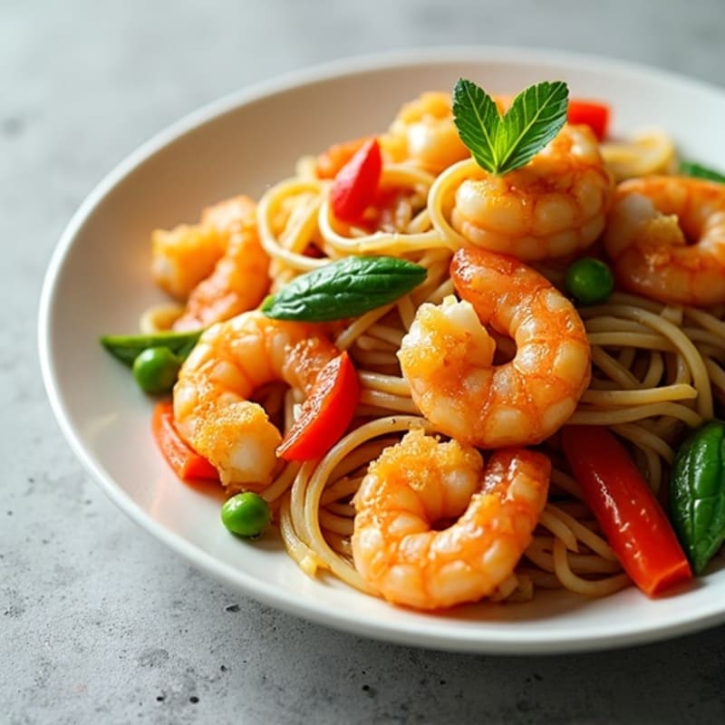 Shrimp and Crisp Vegetable Rice Noodle Stir-Fry with Savory Peanut Sauce