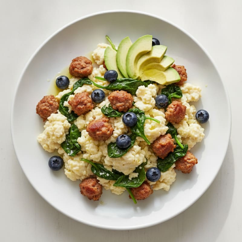 Egg White Scramble with Turkey Sausage and Sautéed Spinach