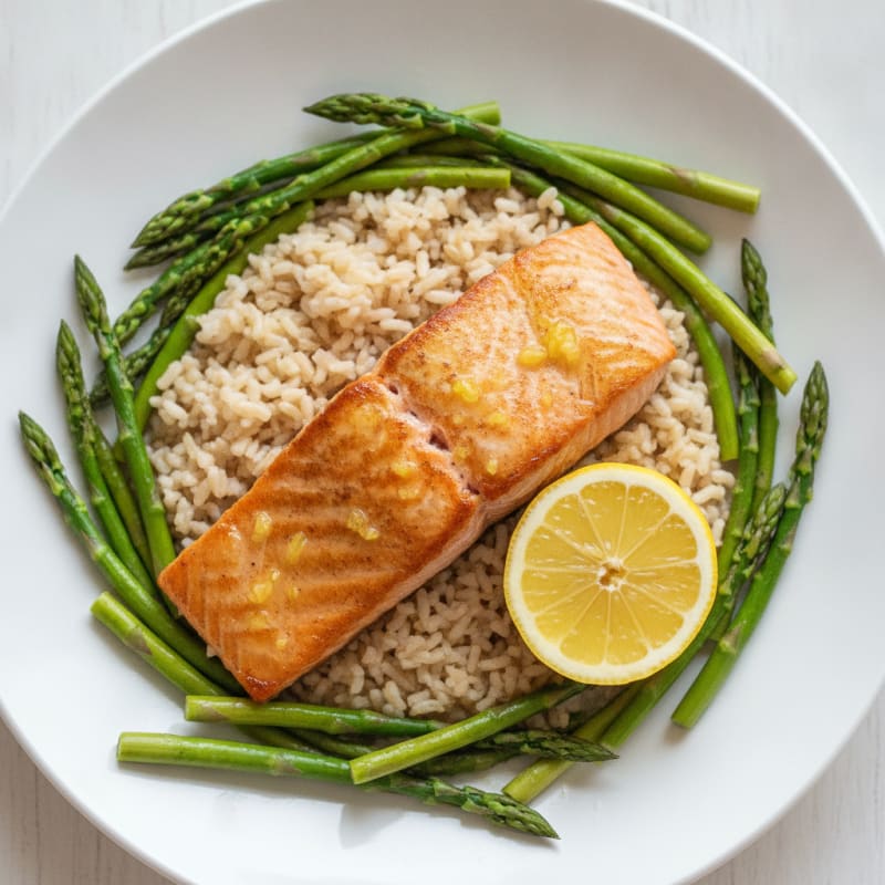 Seared Salmon Fillet with Steamed Asparagus and Brown Rice