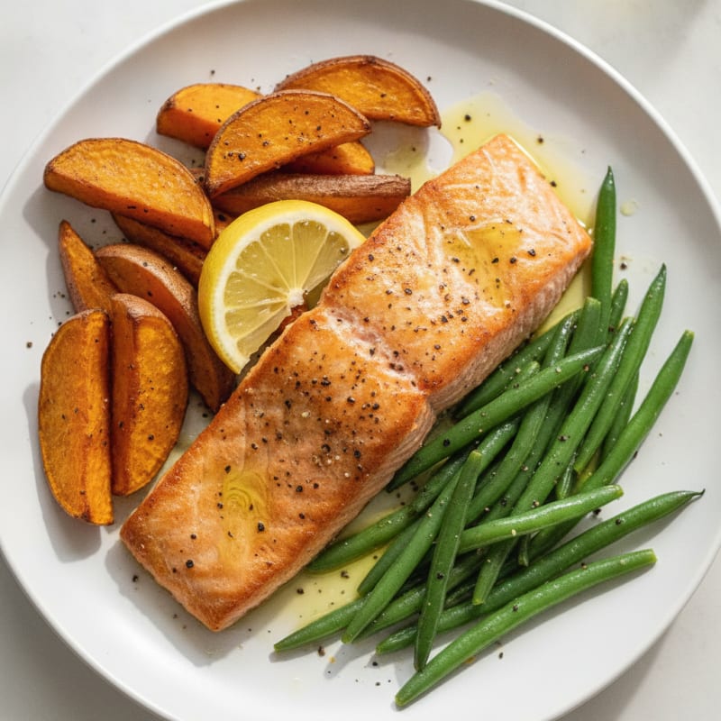 Seared Salmon Fillet with Roasted Sweet Potatoes and Green Beans