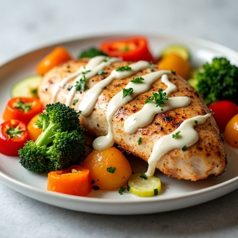 Roasted Spiced Chicken with Fresh Veggies and Creamy Garlic Sauce