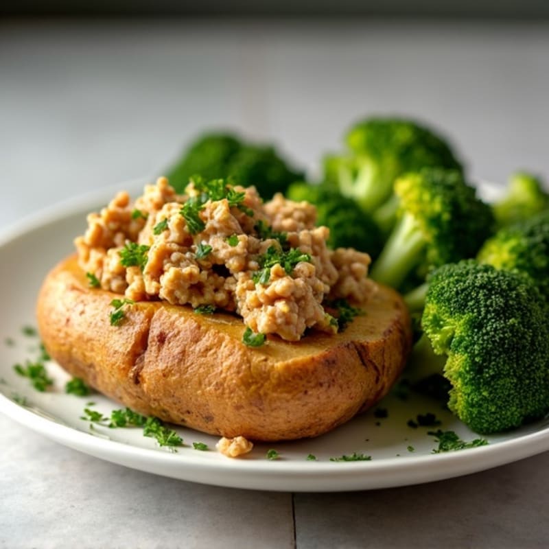 Crispy Baked Potato with Lean Ground Turkey and Roasted Broccoli