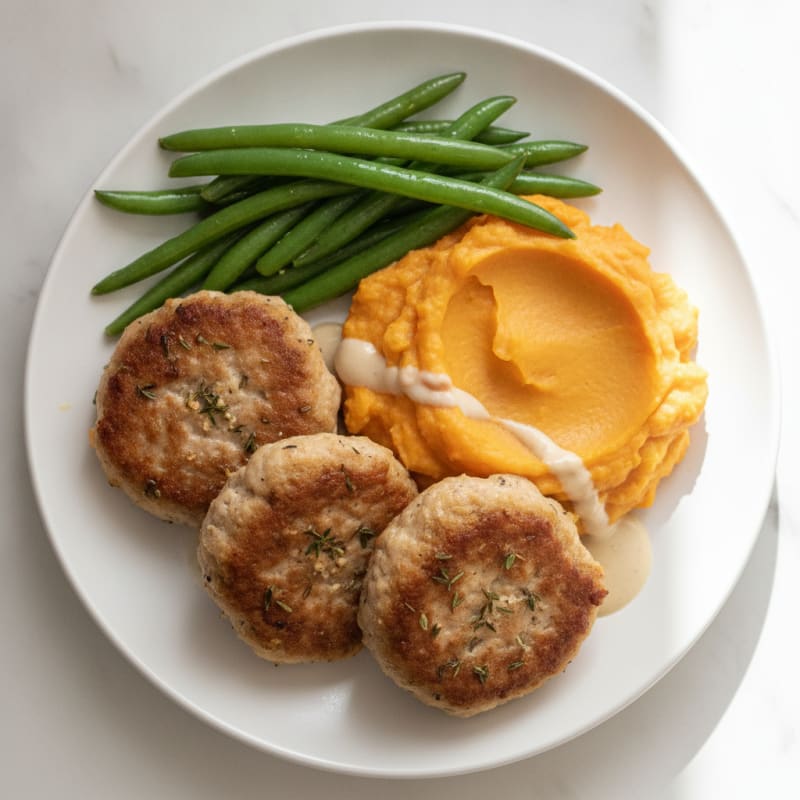 Seared Turkey Patties with Steamed Green Beans and Sweet Potato Mash