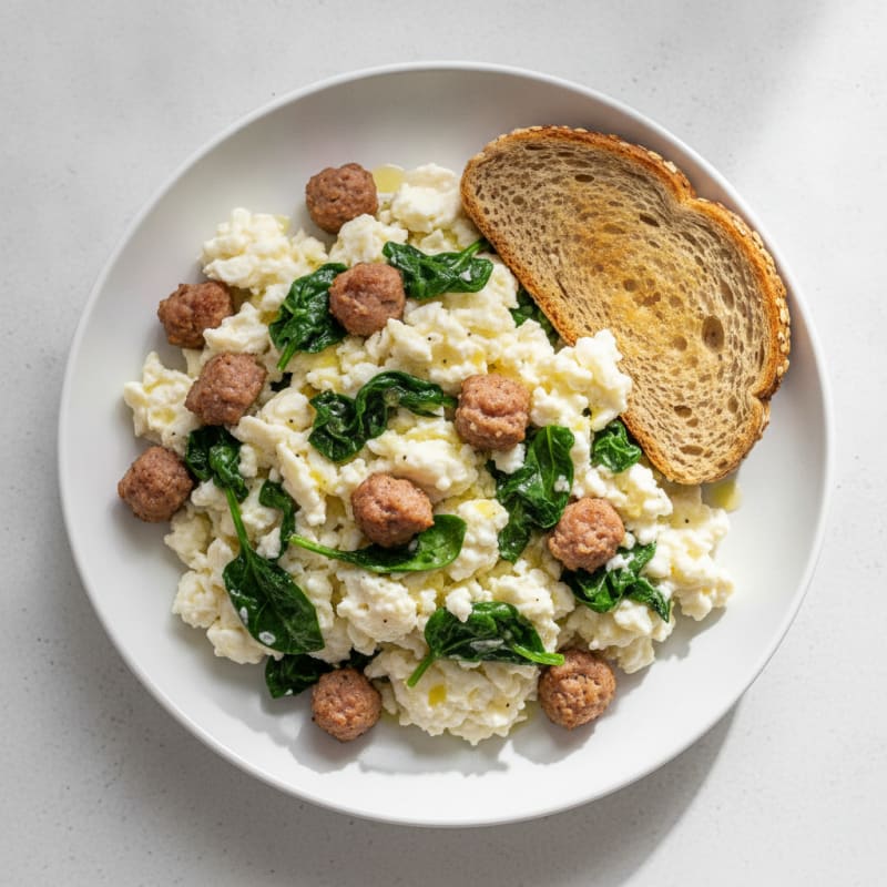Egg White Scramble with Turkey Sausage and Sautéed Spinach