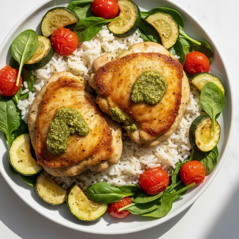 Pesto Chicken Thighs with Roasted Vegetables