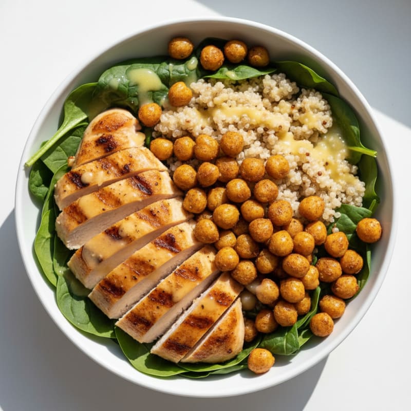 Grilled Chicken and Quinoa Power Bowl with Spinach and Roasted Chickpeas