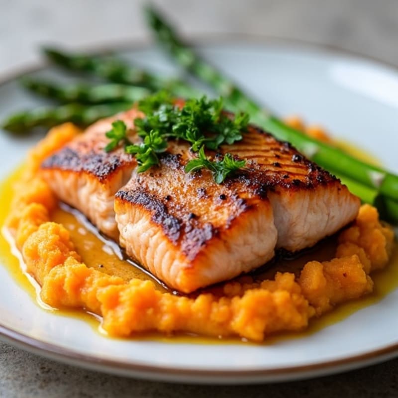 Seared Salmon with Roasted Asparagus and Sweet Potato Mash