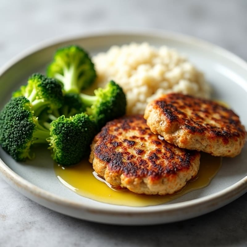 Seared Turkey Patties with Steamed Broccoli and Cauliflower Rice