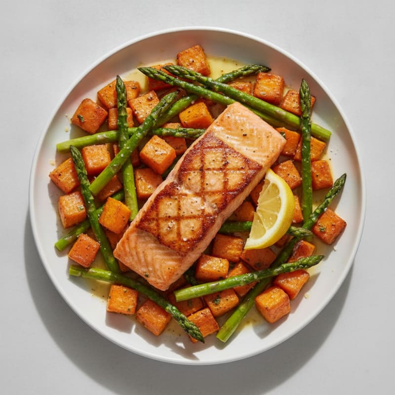 Seared Salmon with Roasted Sweet Potato and Asparagus