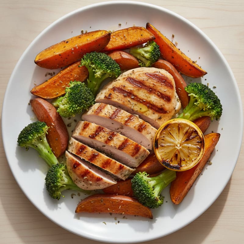 Grilled Turkey Breast with Roasted Sweet Potato and Steamed Broccoli