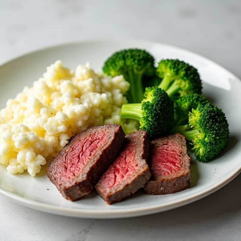 Seared Lean Beef with Steamed Broccoli and Cauliflower Mash