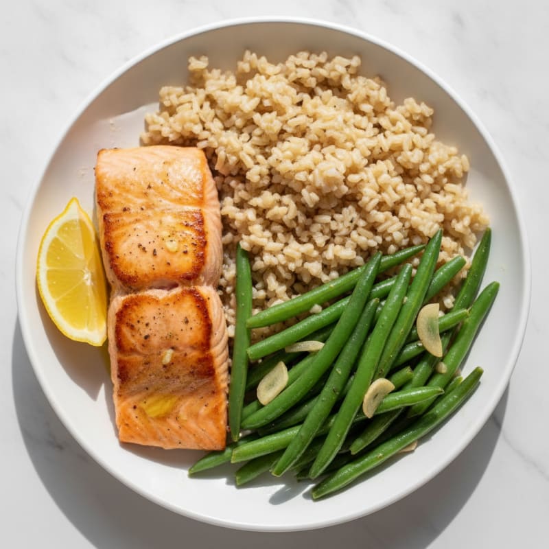 Pan-Seared Salmon with Garlic Green Beans and Brown Rice