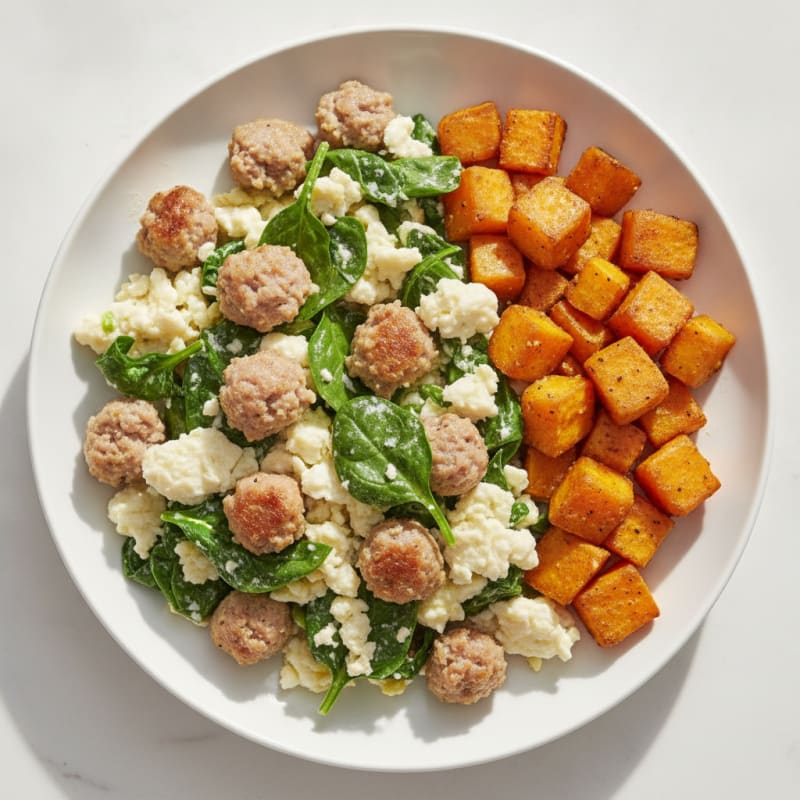 Egg White and Turkey Sausage Scramble with Spinach and Roasted Sweet Potato