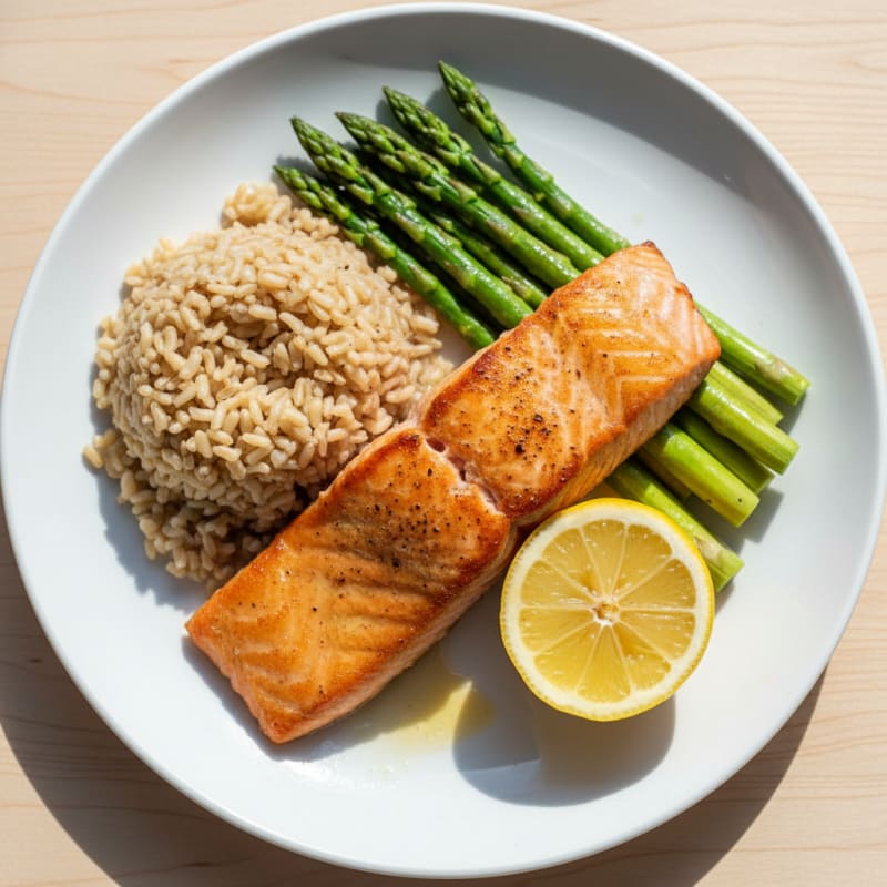 Seared Salmon with Steamed Asparagus and Brown Rice