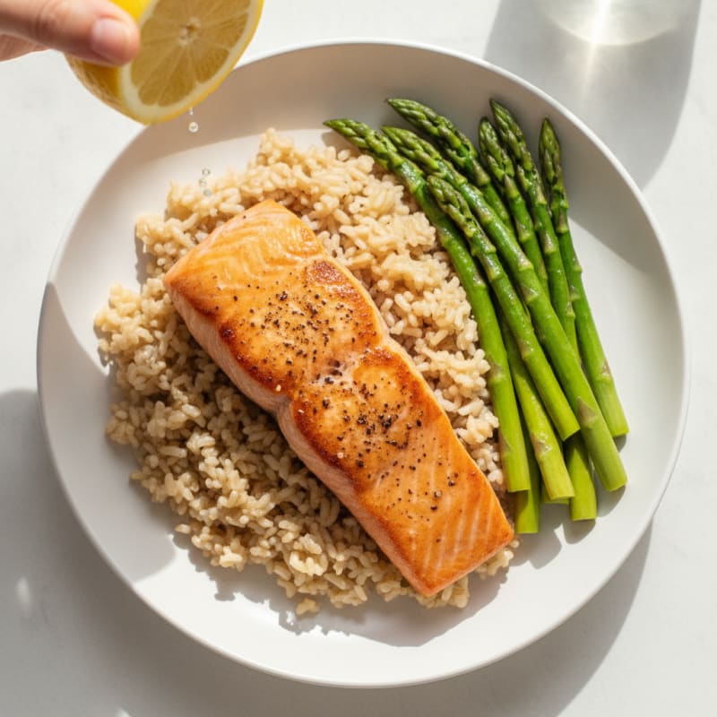 Seared Salmon with Steamed Asparagus and Brown Rice